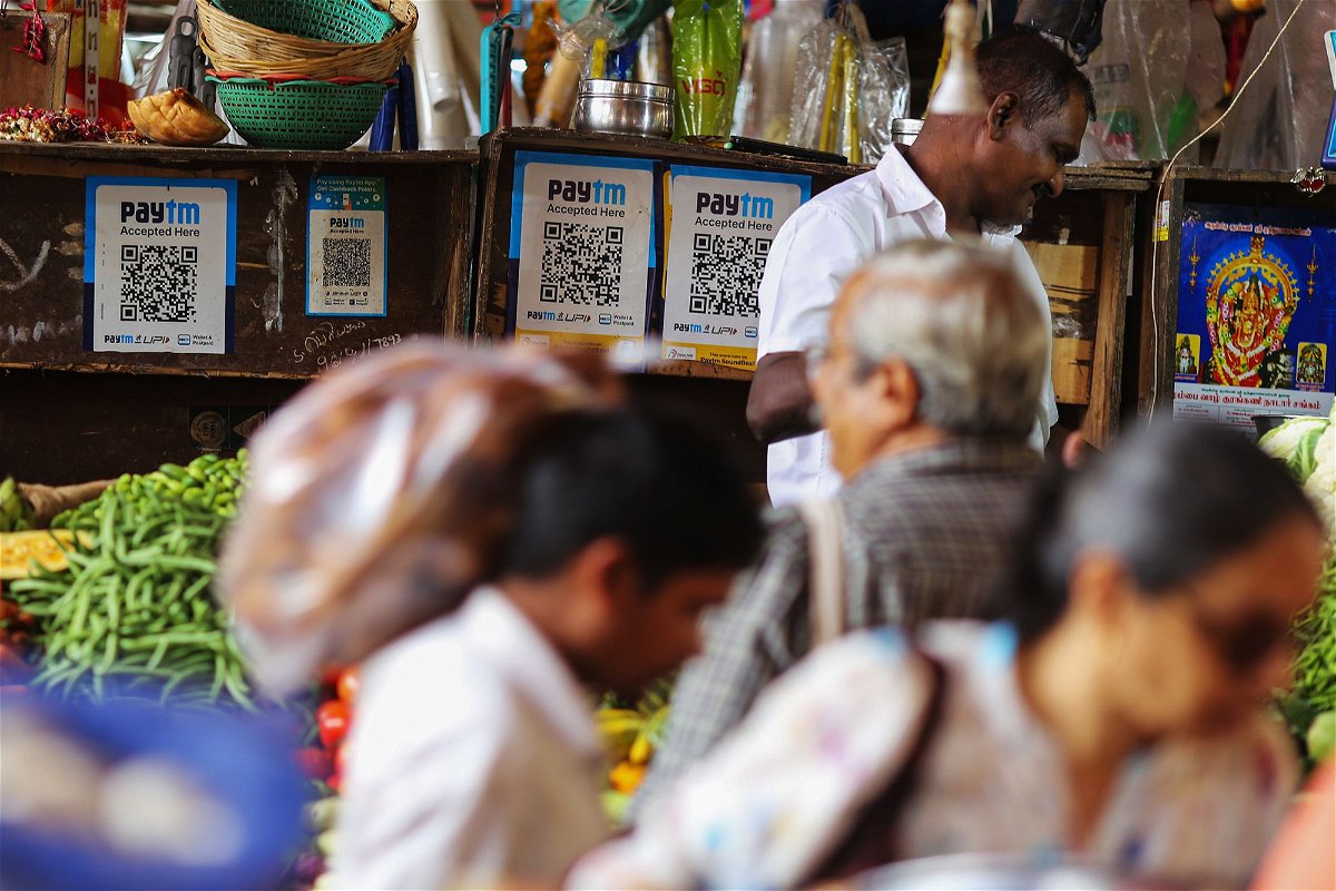 <i>Dhiraj Singh/Bloomberg/Getty Images</i><br/>QR codes for the Paytm digital payment system at a roadside vegetables stall in Mumbai