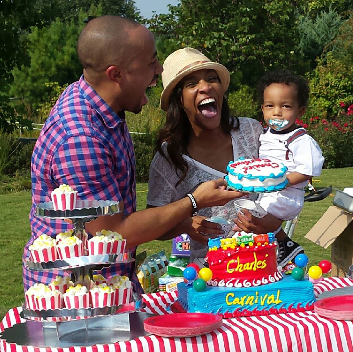 <i>Courtesy Charles Johnson</i><br/>Kira and Charles Johnson celebrating their eldest son's first birthday.