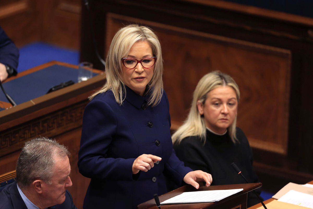 <i>Liam McBurney/PA/AP</i><br/>Sinn Fein vice-president Michelle O'Neill speaking after being appointed as Northern Ireland's First Minister on Saturday.