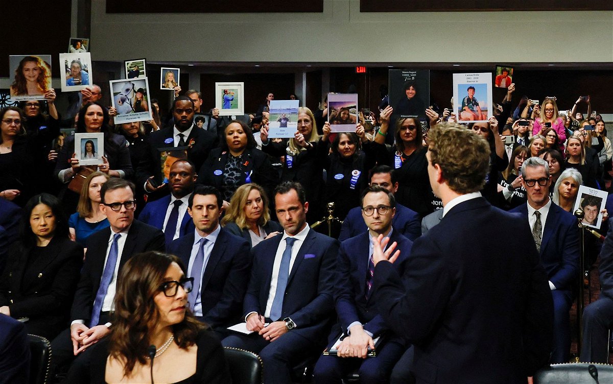 <i>Evelyn Hockstein/Reuters</i><br/>Meta's CEO Mark Zuckerberg stands and faces the audience as he testifies during the Senate Judiciary Committee hearing on online child sexual exploitation at the U.S. Capitol in Washington