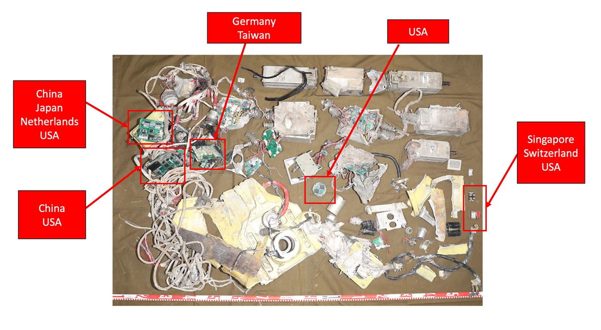 <i>Courtesy Conflict Armament Research</i><br/>The tail section of the ballistic missile examined by the group Conflict Armament Research