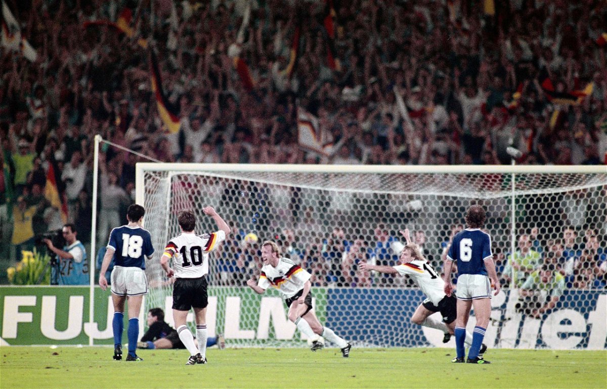 <i>David Cannon/Getty Images</i><br/>Andreas Brehme celebrates after scoring the winning goal from the penalty spot for West Germany in the 1990 World Cup final against Argentina.