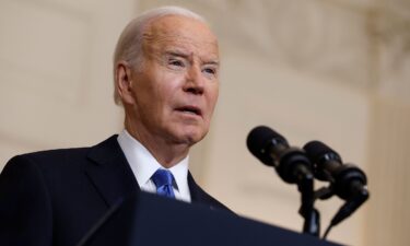 President Joe Biden speaks in the State Dining Room of the White House on February 13 in Washington