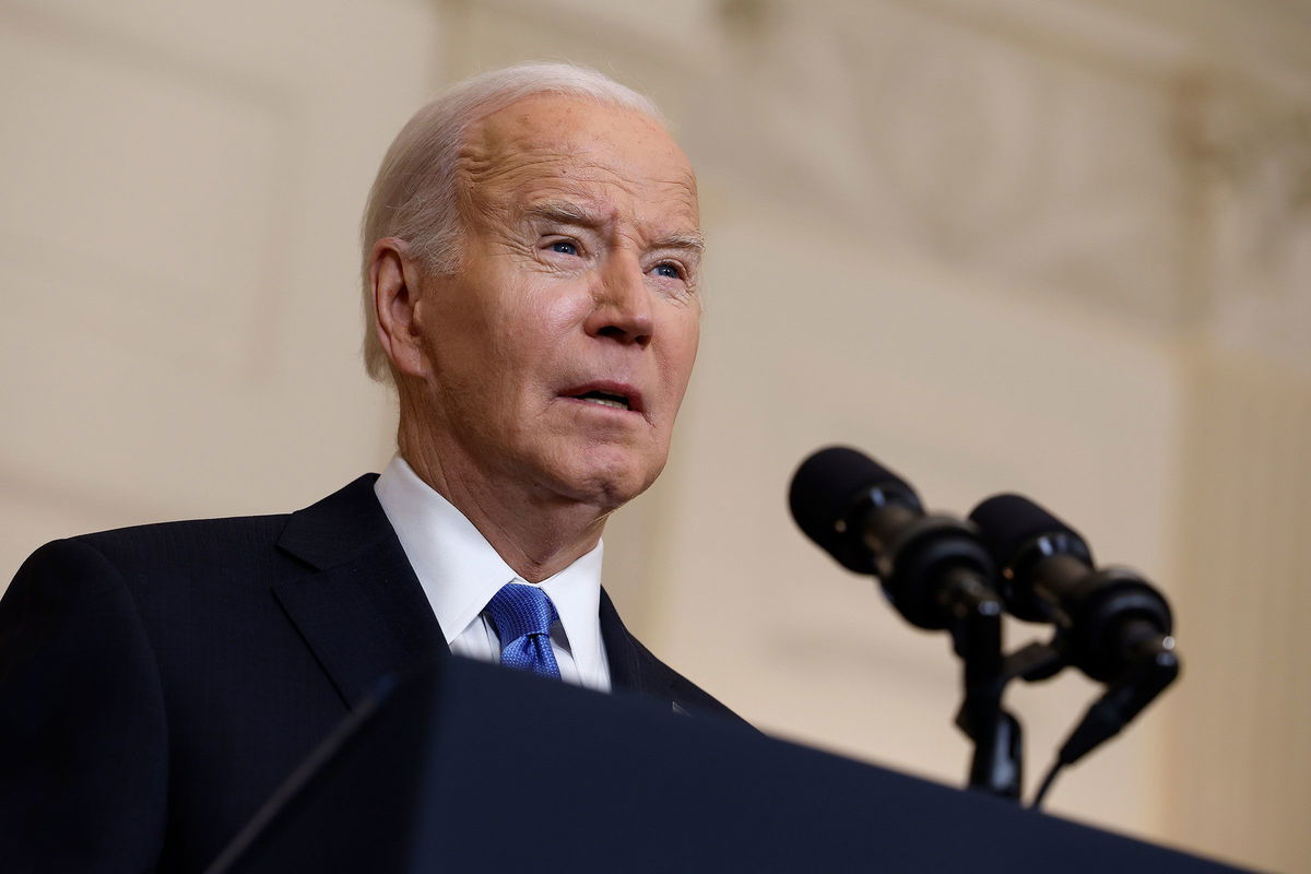 <i>Anna Moneymaker/Getty Images via CNN Newsource</i><br/>President Joe Biden speaks in the State Dining Room of the White House on February 13 in Washington