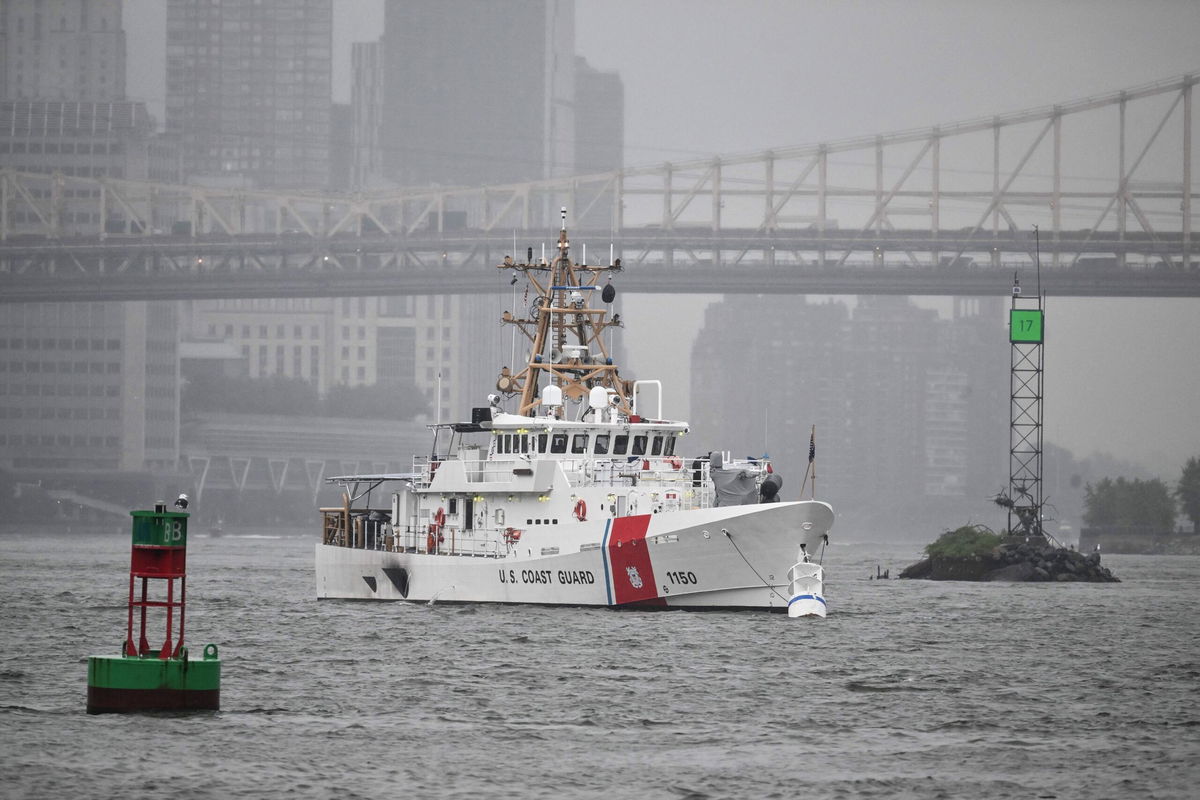 <i>Ed Jones/AFP/Getty Images via CNN Newsource</i><br/>A US Coast Guard ship sits near the United Nations headquarters in New York City on September 18