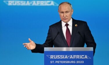 Russian President Vladimir Putin giving a speech during the plenary session of the second Russia-Africa summit in Saint Petersburg on July 27