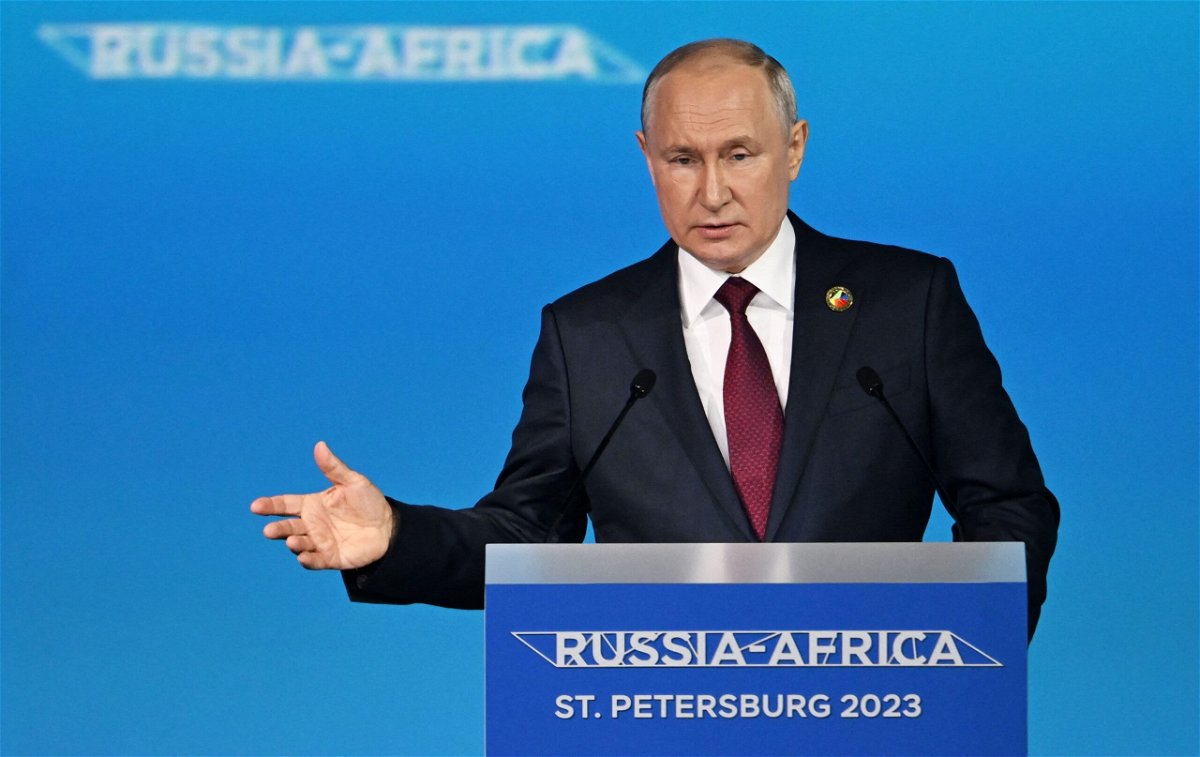 <i>Pavel Bednyakov/Pool/AFP via Getty Images via CNN Newsource</i><br/>Russian President Vladimir Putin giving a speech during the plenary session of the second Russia-Africa summit in Saint Petersburg on July 27