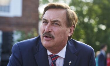 Mike Lindell speaks to members of the media before a speech by former US President Donald Trump during an event at Trump National Golf Club in Bedminster