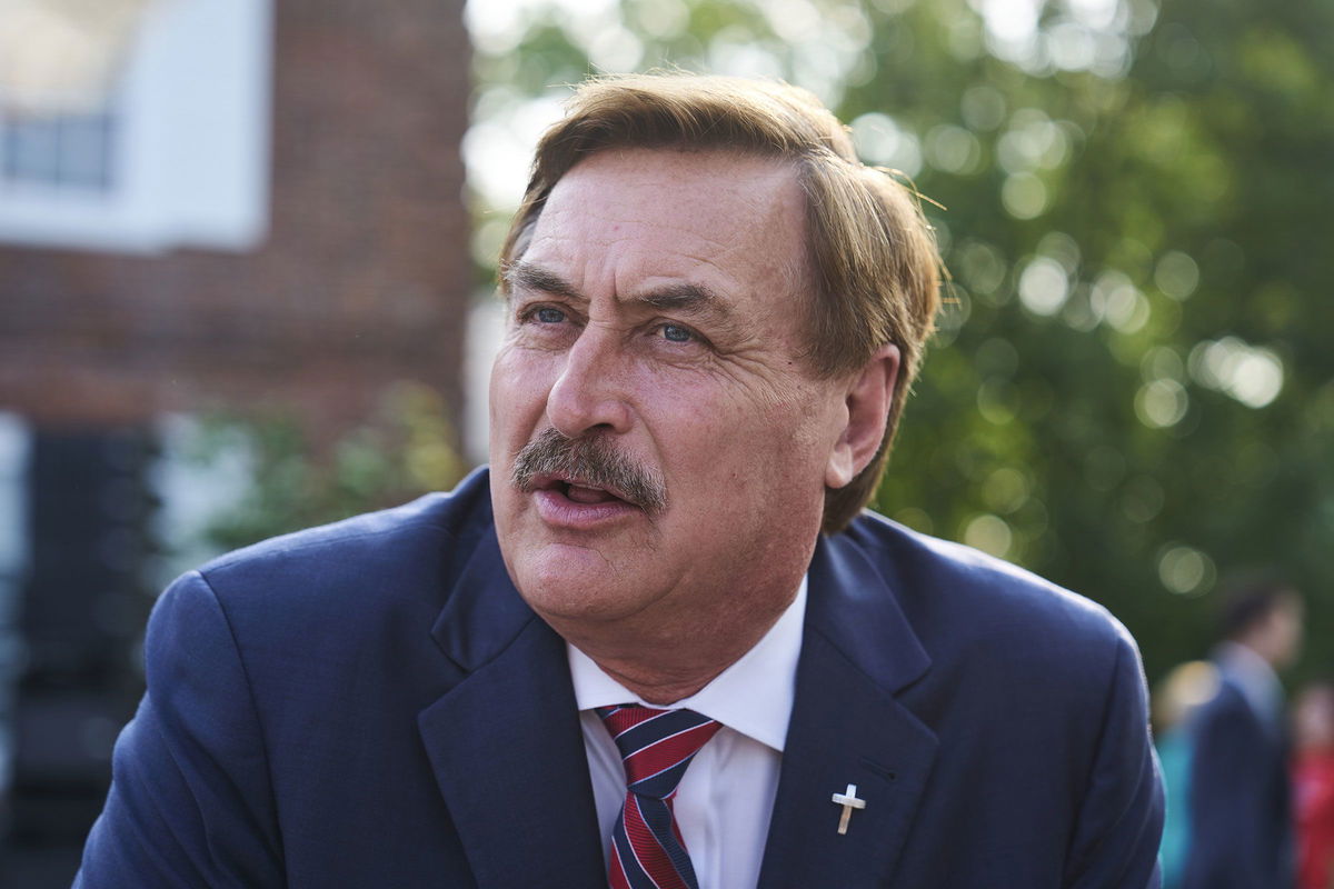 <i>Bing Guan/Bloomberg/Getty Images via CNN Newsource</i><br/>Mike Lindell speaks to members of the media before a speech by former US President Donald Trump during an event at Trump National Golf Club in Bedminster