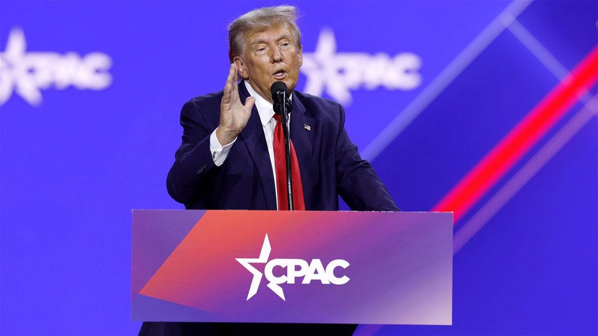 <i>Anna Moneymaker/Getty Images/File via CNN Newsource</i><br/>Former President Donald Trump addresses the annual Conservative Political Action Conference in the Washington