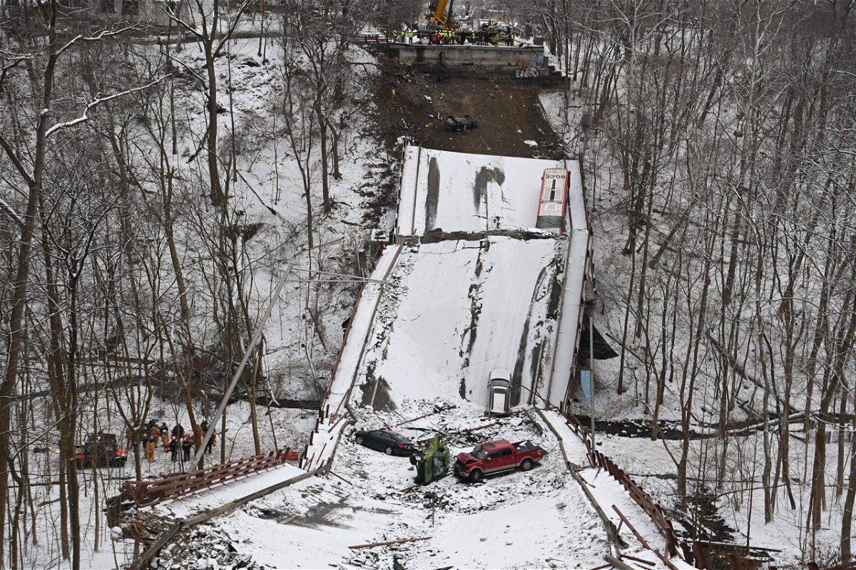 <i>Saul Loeb/AFP/Getty Images via CNN Newsource</i><br/>The collapsed Fern Hollow Bridge in Pittsburgh