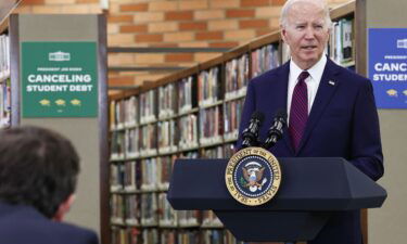 President Joe Biden delivers remarks on canceling student debt at Culver City Julian Dixon Library on February 21