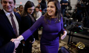 Rep. Elise Stefanik greets supporters before a campaign rally with Republican presidential candidate and former President Donald Trump at the Grappone Conference Center on January 19
