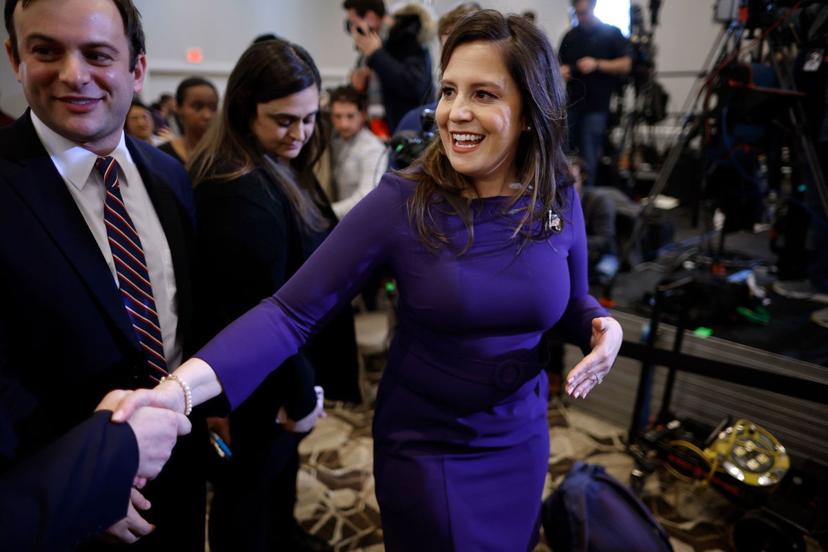 <i>Chip Somodevilla/Getty Images via CNN Newsource</i><br/>Rep. Elise Stefanik greets supporters before a campaign rally with Republican presidential candidate and former President Donald Trump at the Grappone Conference Center on January 19