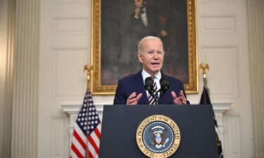 President Joe Biden speaks in the State Dining Room of the White House on February 6