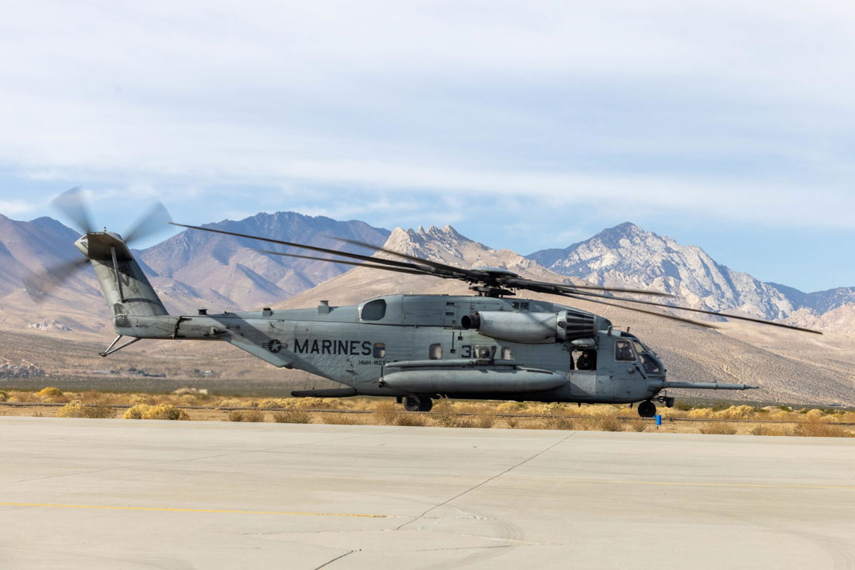 <i>Lance Cpl. Jennifer Sanchez/US Marine Corps/File</i><br/>A CH-53E Super Stallion helicopter taxies in 2023 at Inyokern Airfield