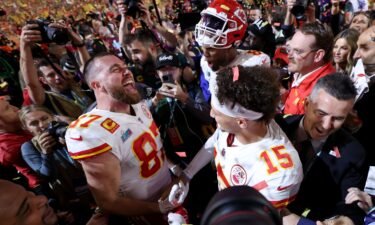 Travis Kelce and Patrick Mahomes celebrate after the Kansas City Chiefs defeated the Philadelphia Eagles in Super Bowl LVII on February 12