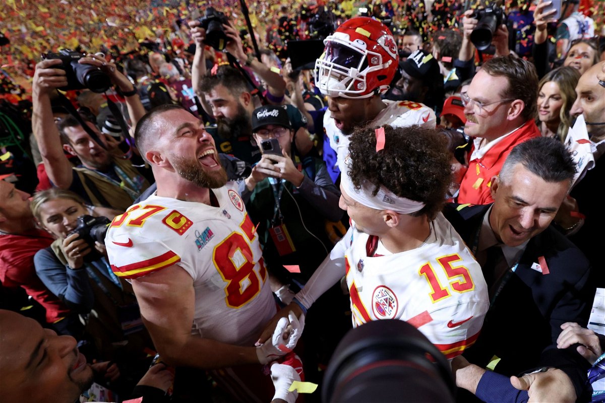<i>Gregory Shamus/Getty Images</i><br/>Travis Kelce and Patrick Mahomes celebrate after the Kansas City Chiefs defeated the Philadelphia Eagles in Super Bowl LVII on February 12
