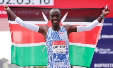 Kelvin Kiptum celebrates winning the Men's elite race during the TCS London Marathon on Sunday April 23