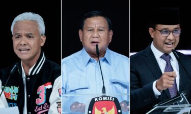 Mascots depicting presidential candidate and Indonesia's Defence Minister Prabowo Subianto (L) and vice presidential candidate Gibran Rakabuming Raka (R) in an election event on February 5.