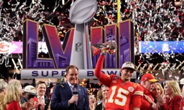 Kansas City Chiefs quarterback Patrick Mahomes celebrates winning Super Bowl LVIII.