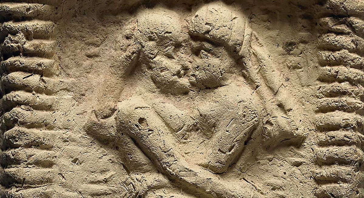 <i>The Trustees of the British Museum</i><br/>A clay model from Mesopotamia dating to 1800 BC shows a nude couple intertwined on a bed