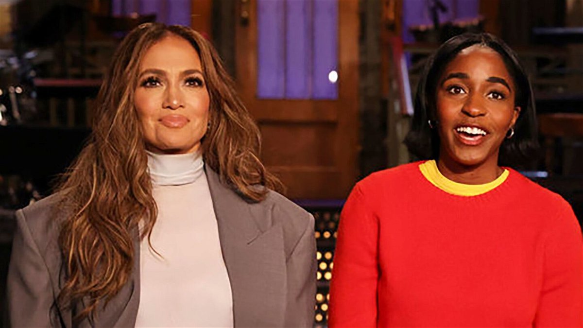 <i>Will Heath/NBC</i><br/>(From left) Jennifer Lopez and Ayo Edebiri at 'Saturday Night Live' in February.