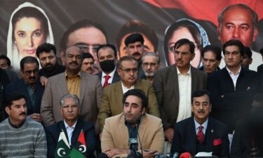 Pakistan Peoples Party chairman Bilawal Bhutto Zardari (C) speaks at a press conference in Islamabad on February 13.