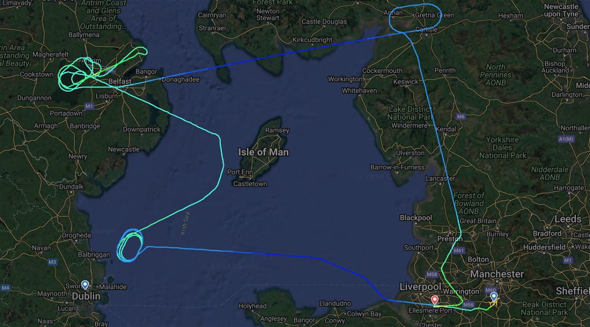<i>FlightRadar24</i><br/>A holding pattern nightmare happened during Storm Isha in January: This Ryanair Manchester-Dublin flight first was on hold around Dublin