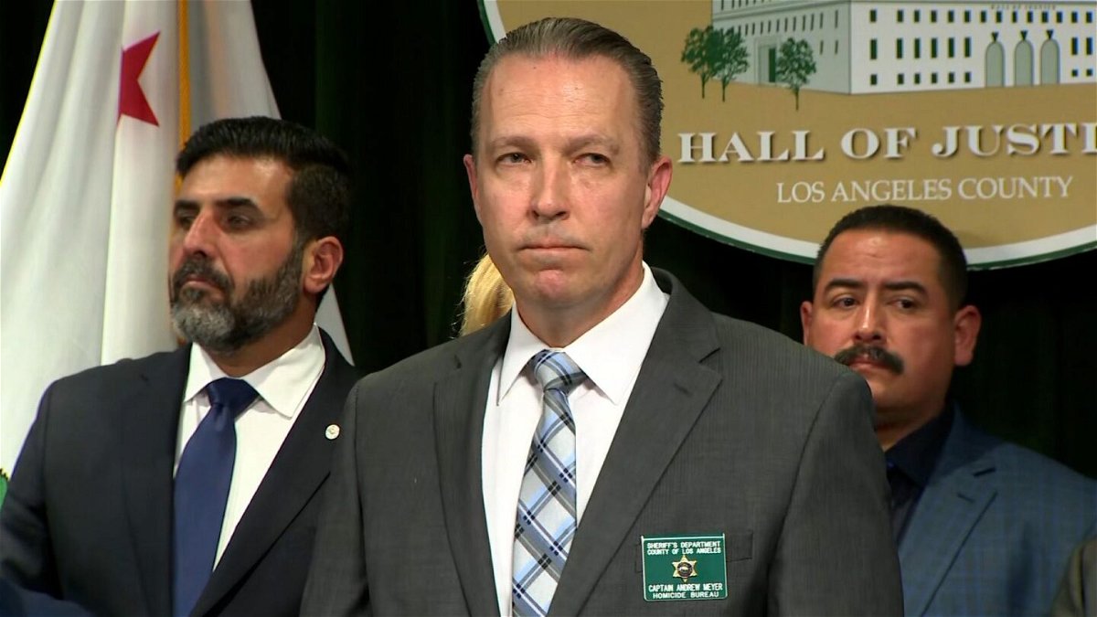 <i>KCAL/KCBS</i><br/>Los Angeles County Sheriff’s Department Capt. Andrew Meyer speaks at a news conference Tuesday.