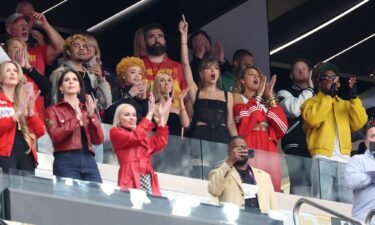 Travis Kelce #87 of the Kansas City Chiefs celebrates with Taylor Swift after defeating the San Francisco 49ers 2 during Super Bowl LVIII at Allegiant Stadium on February 11