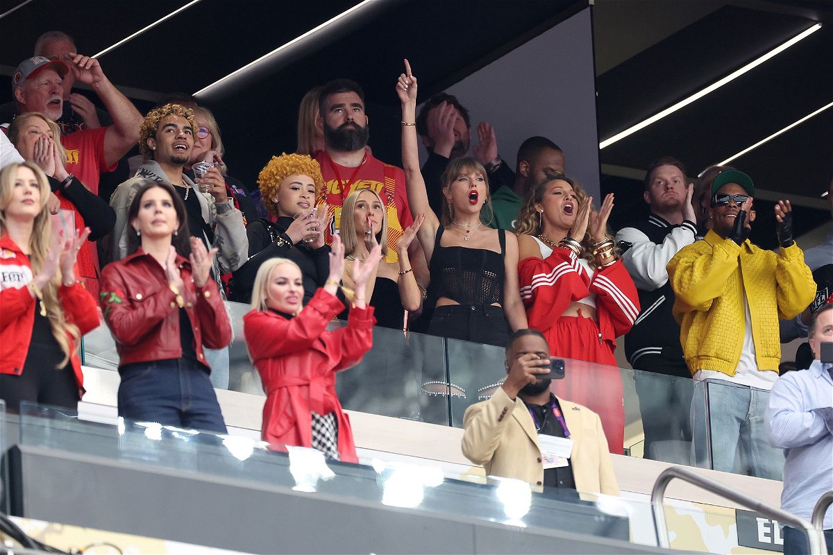 <i>Ezra Shaw/Getty Images</i><br/>Travis Kelce #87 of the Kansas City Chiefs celebrates with Taylor Swift after defeating the San Francisco 49ers 2 during Super Bowl LVIII at Allegiant Stadium on February 11