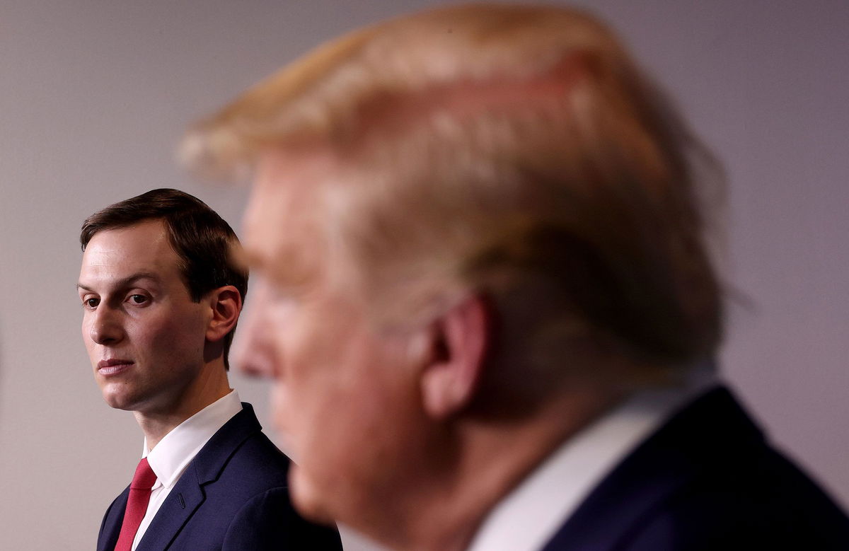 <i>Win McNamee/Getty Images</i><br/>Jared Kushner and President Donald Trump speak to members of the White House Coronavirus Task Force in Washington