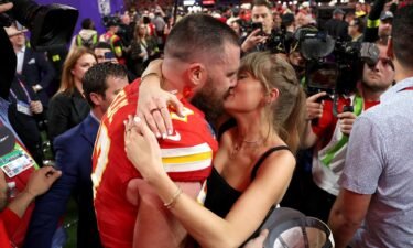 Travis Kelce and Taylor Swift embrace after the Kansas City Chiefs defeated the San Francisco 49ers at Super Bowl LVIII.