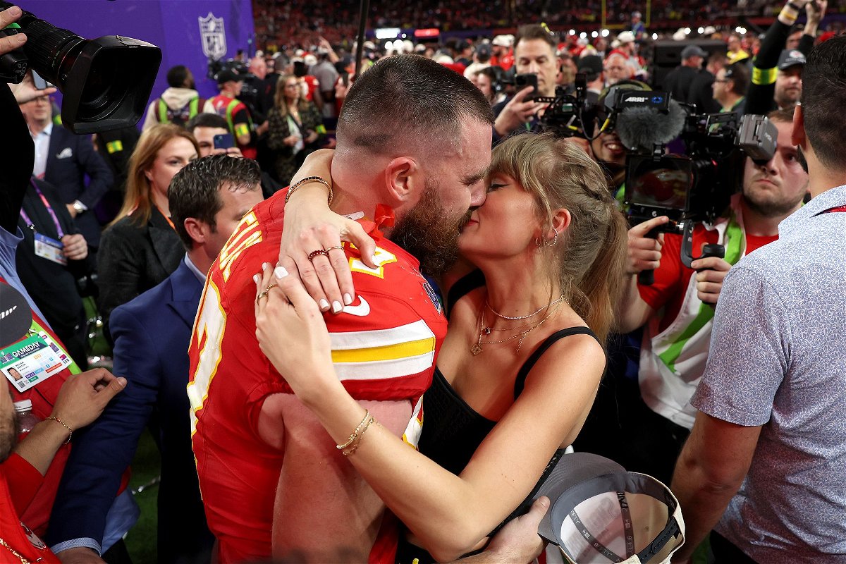 <i>Ezra Shaw/Getty Images</i><br/>Travis Kelce and Taylor Swift embrace after the Kansas City Chiefs defeated the San Francisco 49ers at Super Bowl LVIII.