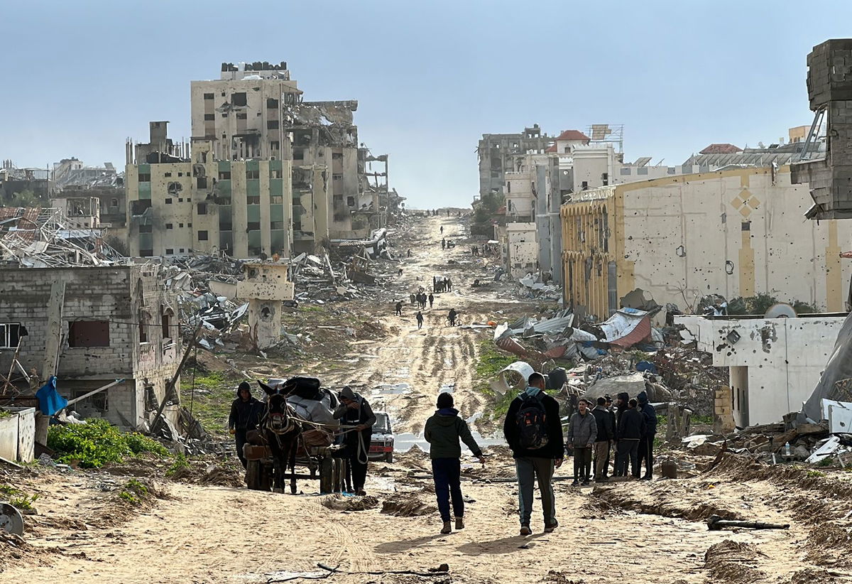 <i>Abdulqader Sabbah/Anadolu/Getty Images</i><br/>A view of destruction with destroyed buildings and roads after Israeli Forces withdrawn from the areas in Khan Yunis