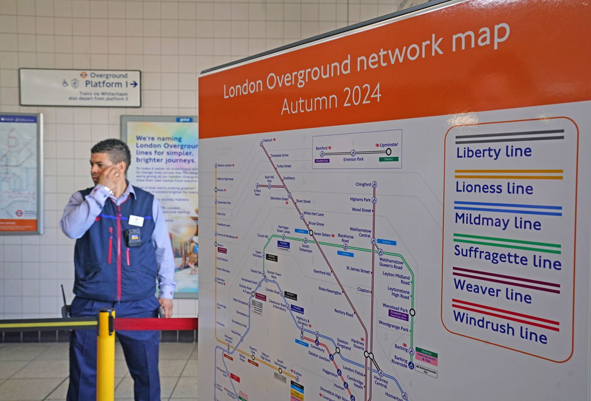 <i>Jonathan Brady/PA Images/Getty Images</i><br/>The updated London Overground network map pictured at Highbury and Islington station in north London.