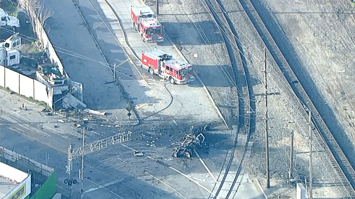 <i>KABC</i><br/>Los Angeles fire trucks are seen at the scene of an explosion on February 15