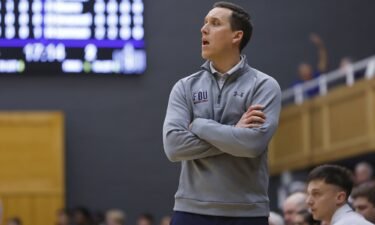 FDU men's basketball head coach Jack Castleberry looks on during a game against the Seton Hall Pirates in November.