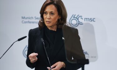 Vice President Kamala Harris speaks onstage at the Munich Security Conference in Germany on February 16.