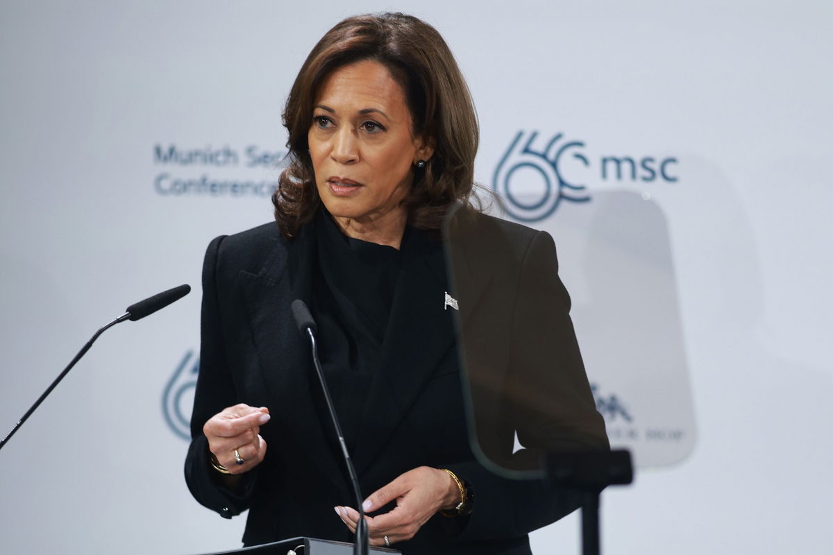 <i>Johannes Simon/Getty Images</i><br/>Vice President Kamala Harris speaks onstage at the Munich Security Conference in Germany on February 16.