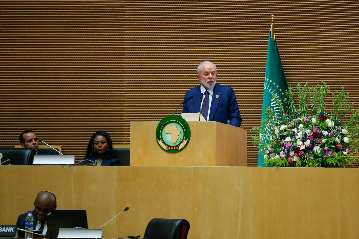 <i>Minasse Wondu Hailu/EPA-EFE/Shutterstock</i><br/>Brazil's President Luiz Inacio Lula da Silva addresses African heads of state on Saturday during the 37th Ordinary Session of the Assembly of the Heads of State in Addis Ababa