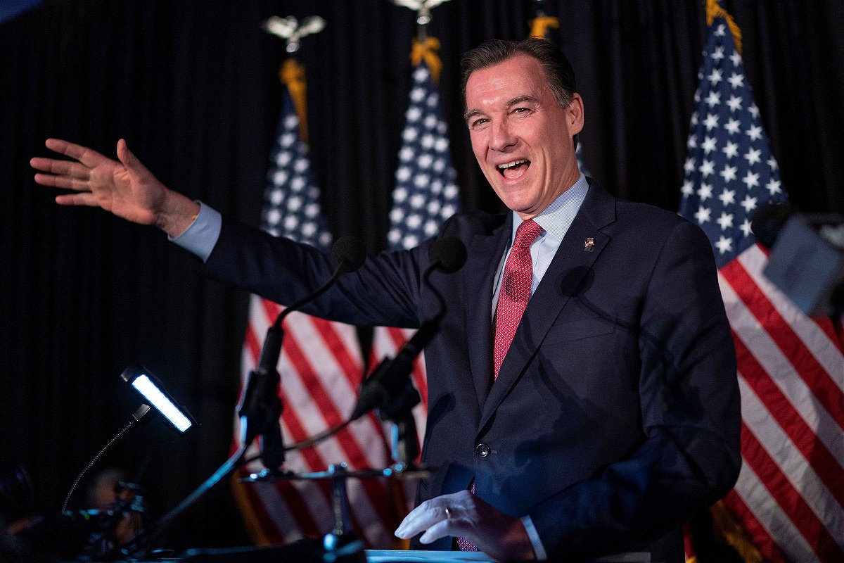 <i>Eduardo Munoz/Reuters via CNN Newsource</i><br/>Tom Suozzi delivers his victory speech during his election night party
