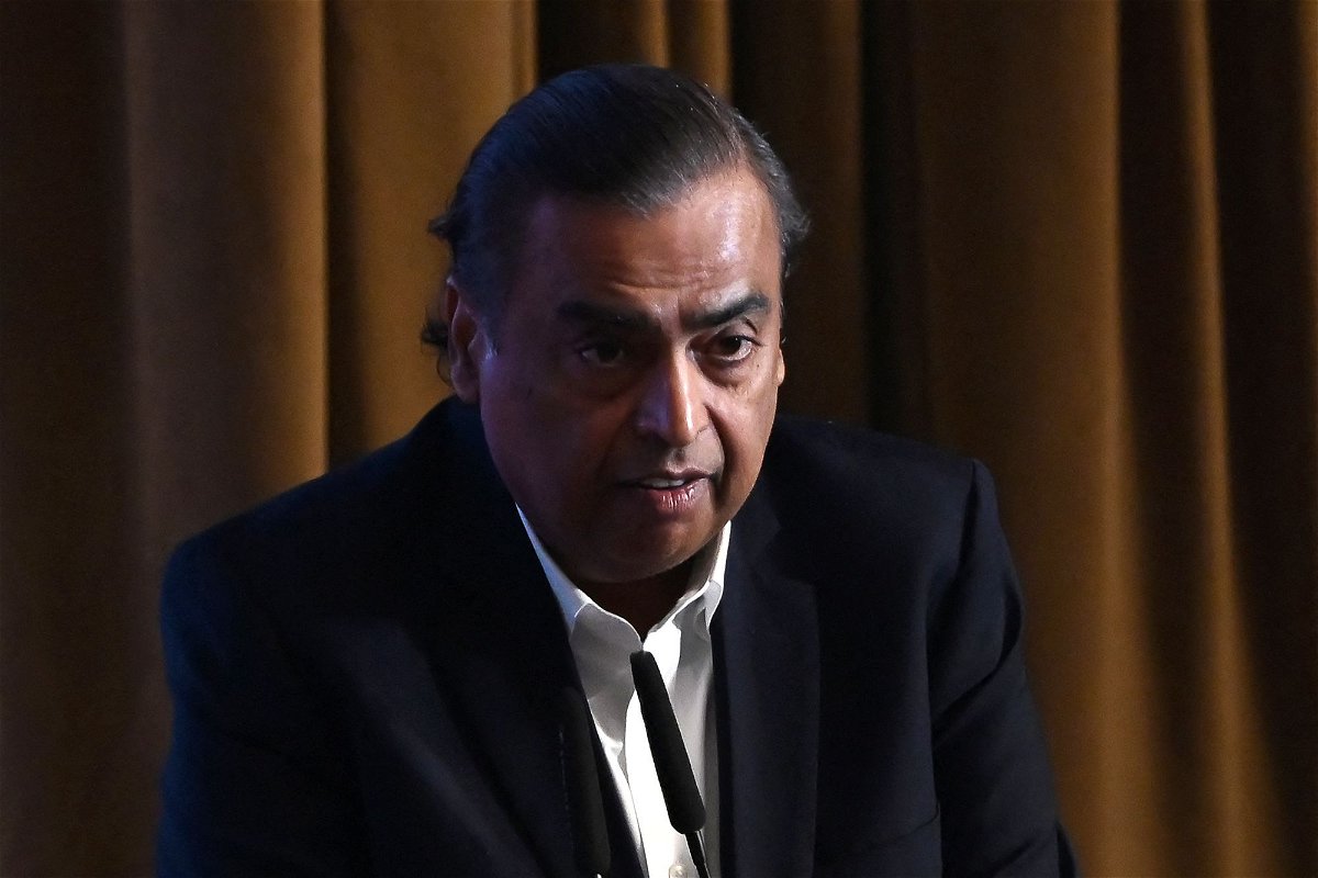 <i>Dibyangshu Sarkar/AFP/Getty Images via CNN Newsource</i><br/>Chairman and managing director of Reliance Industries Mukesh Ambani delivers a speech during the inauguration of the Bengal Global Business Summit (BGBS) in Kolkata in November 2023.