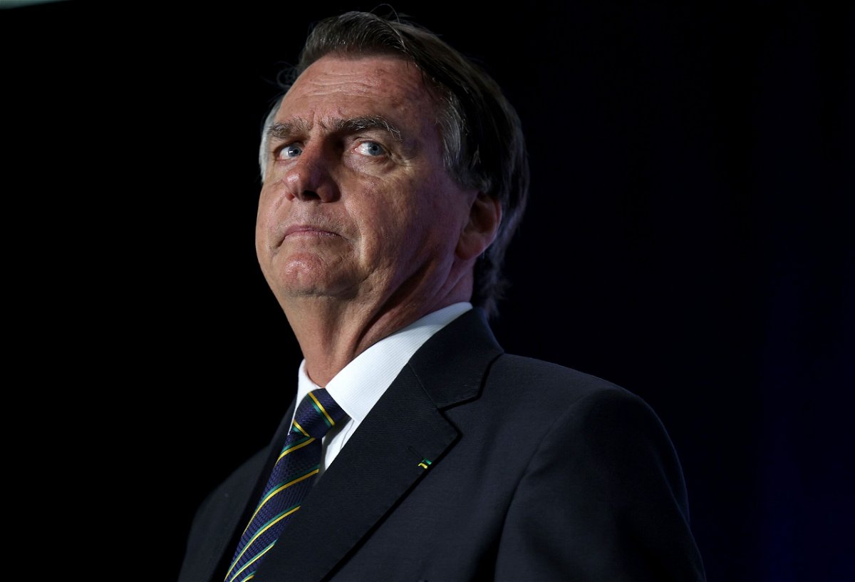 <i>Joe Raedle/Getty Images via CNN Newsource</i><br/>Far-right former Brazilian President Jair Bolsonaro speaks during the Turning Point USA event at the Trump National Doral Miami resort in February 2023