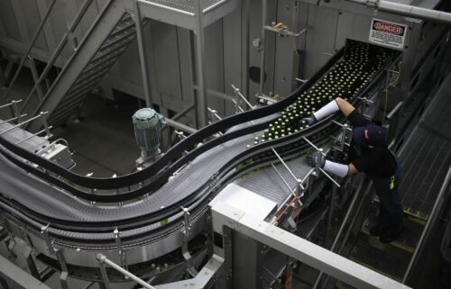 Bottles of Stella Artois brand beer move along the production line at the Anheuser-Busch Budweiser bottling facility in St. Louis