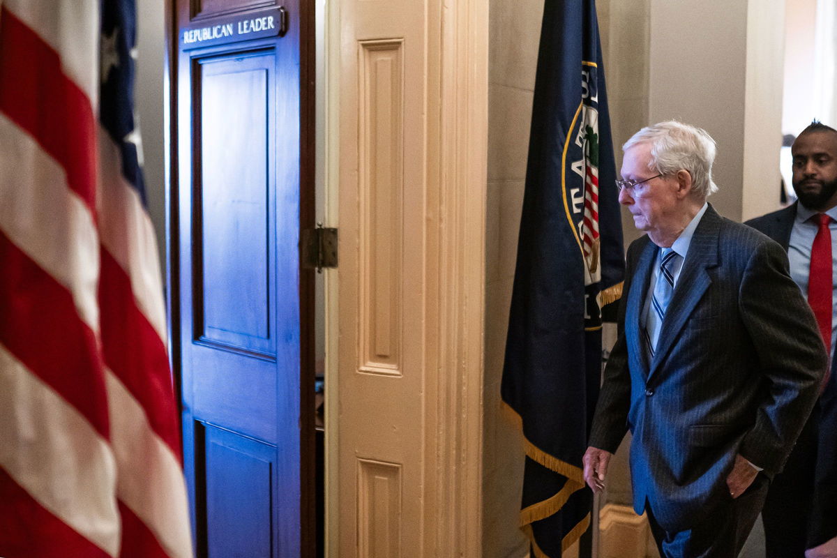 <i>Nathan Howard/Getty Images via CNN Newsource</i><br/>Senate Minority Leader Mitch McConnell departs the Senate chamber on February 28 in Washington