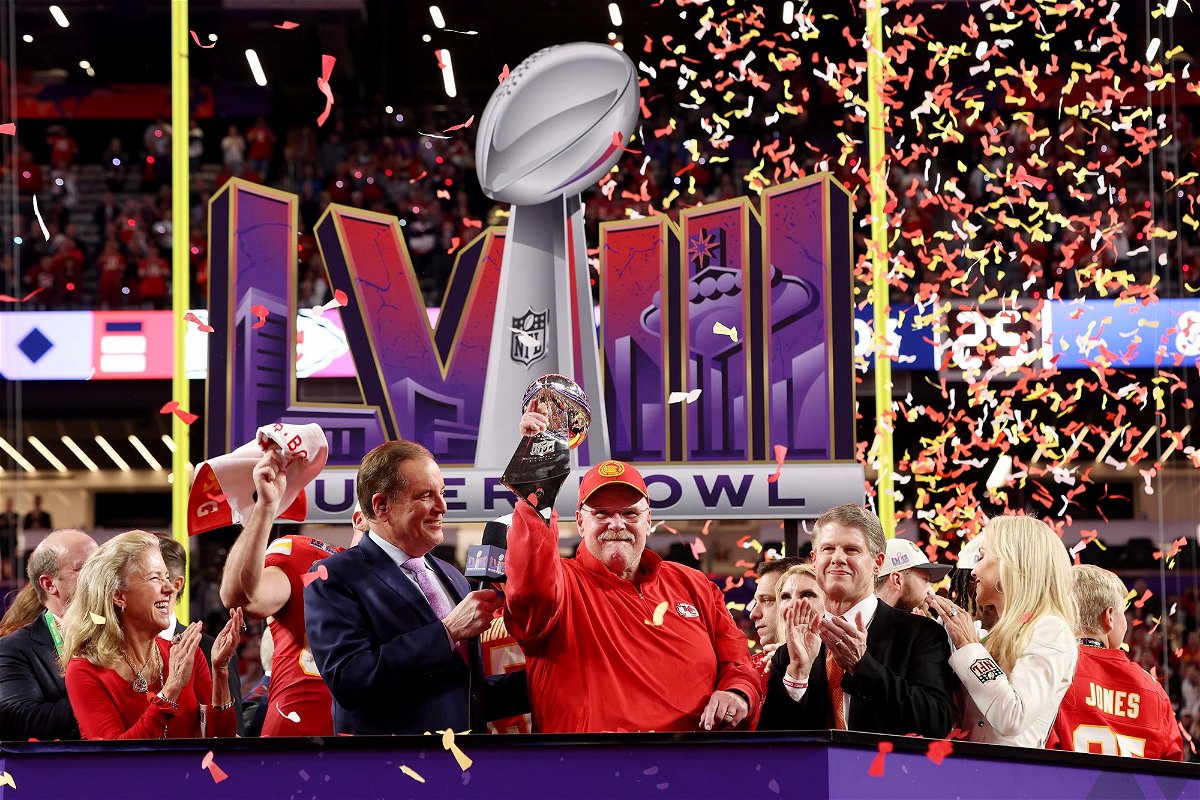 <i>Jamie Squire/Getty Images via CNN Newsource</i><br/>Chiefs head coach Andy Reid (center) celebrates winning this year's Super Bowl.