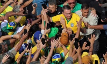 Brazil's former president Jair Bolsonaro arrives at a rally in Sao Paulo