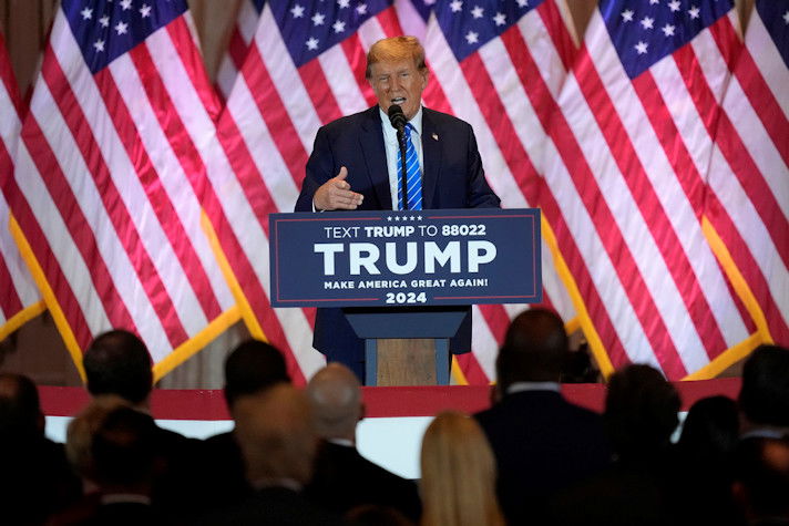 Republican presidential candidate former President Donald Trump speaks at a Super Tuesday election night party, Tuesday, March 5, 2024, at Mar-a-Lago in Palm Beach, Fla. 